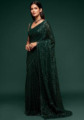 Deep Green Embroidered Saree Set