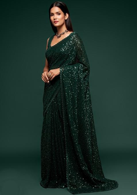 Deep Green Embroidered Saree Set