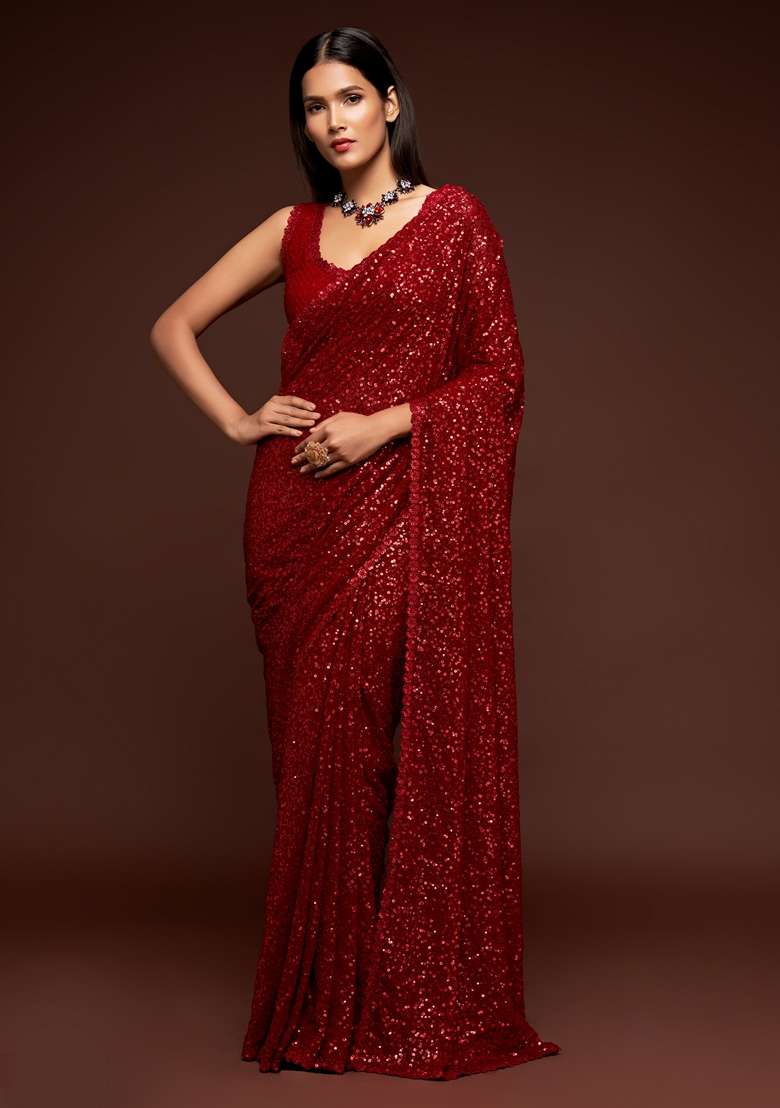 Ruby Red Saree Set with Embroidered for Diwali | Wedding & Festive Wear - Indya