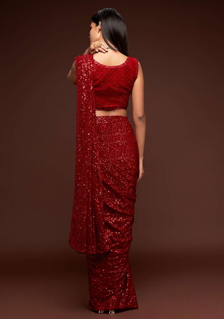 Ruby Red Saree Set with Embroidered for Diwali | Wedding & Festive Wear - Indya