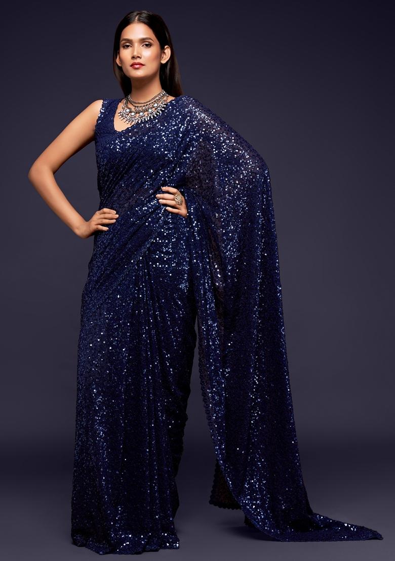 Dark Blue Embroidered Saree Set