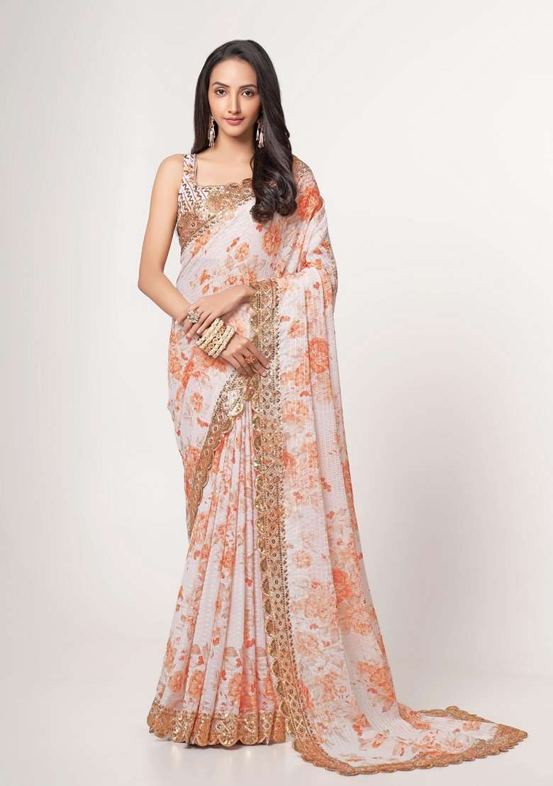 White Embroidered Saree Set for Diwali and Festive Wear - Indya