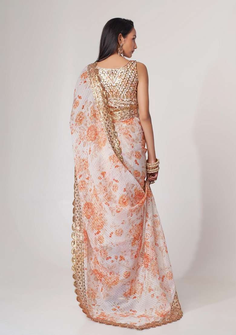 White Embroidered Saree Set for Diwali and Festive Wear - Indya