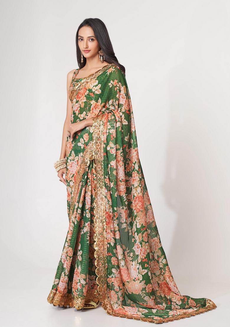 Green Embroidered Saree Set