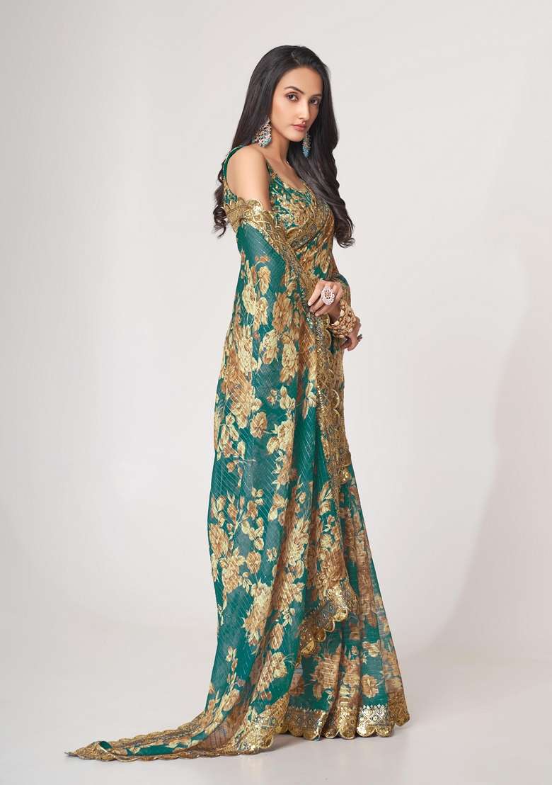 Teal Blue Saree Set with Embroidered for Diwali | Wedding & Festive Wear - Indya
