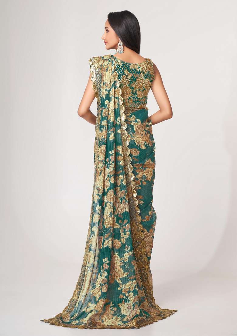 Teal Blue Saree Set with Embroidered for Diwali | Wedding & Festive Wear - Indya