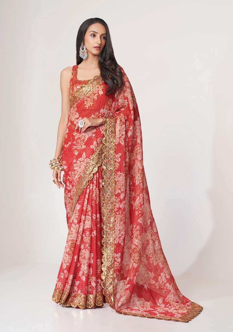 Red Embroidered Saree Set for Diwali and Festive Wear - Indya