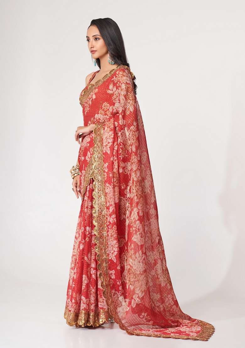 Red Embroidered Saree Set for Diwali and Festive Wear - Indya