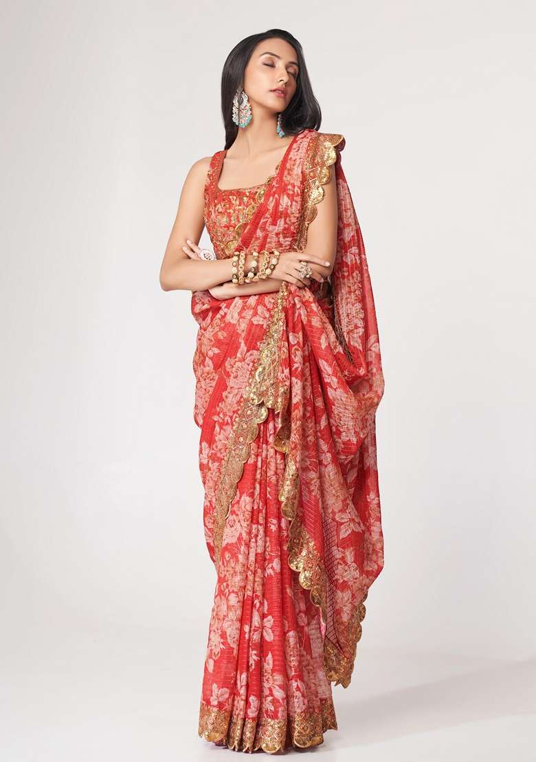 Red Embroidered Saree Set for Diwali and Festive Wear - Indya