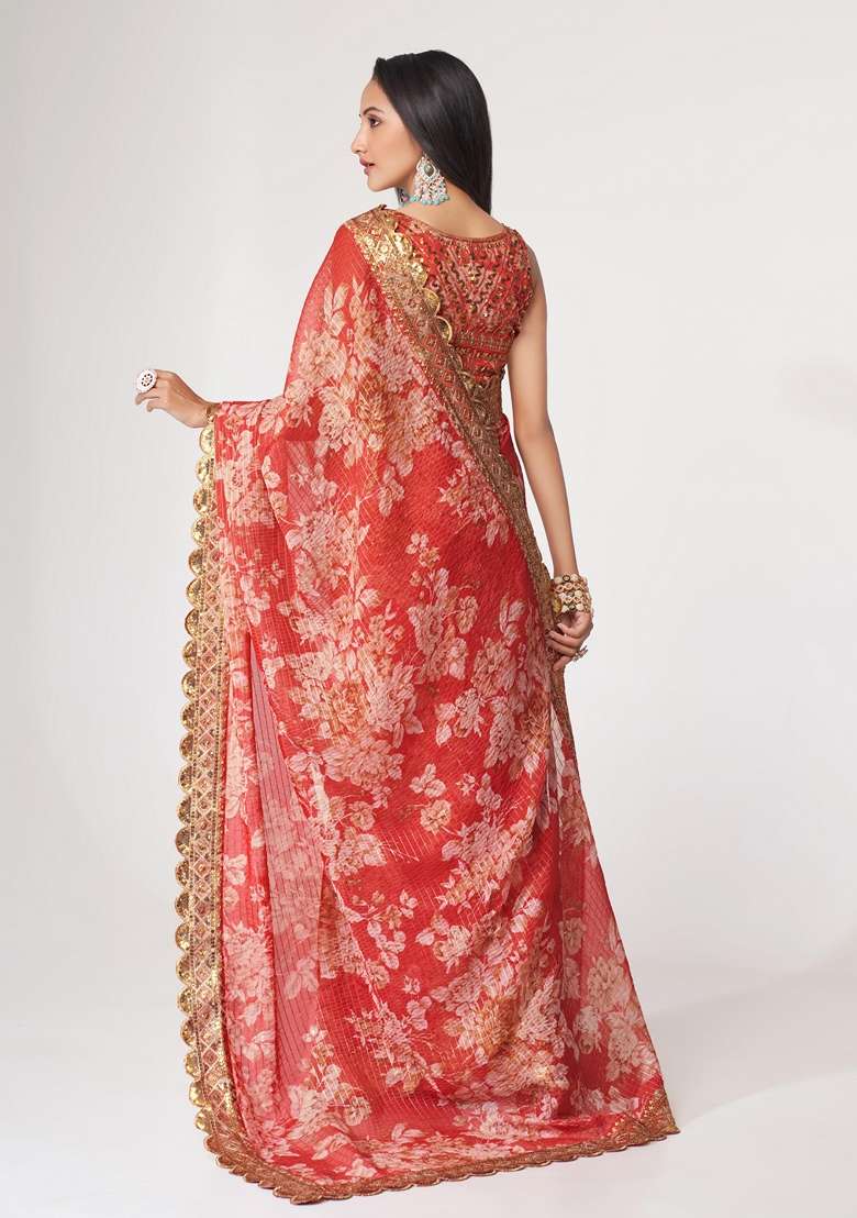 Red Embroidered Saree Set for Diwali and Festive Wear - Indya