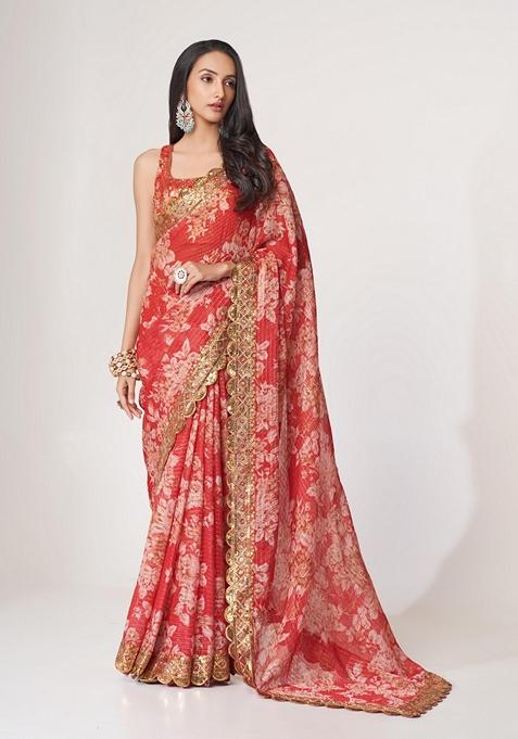 Red Embroidered Saree Set