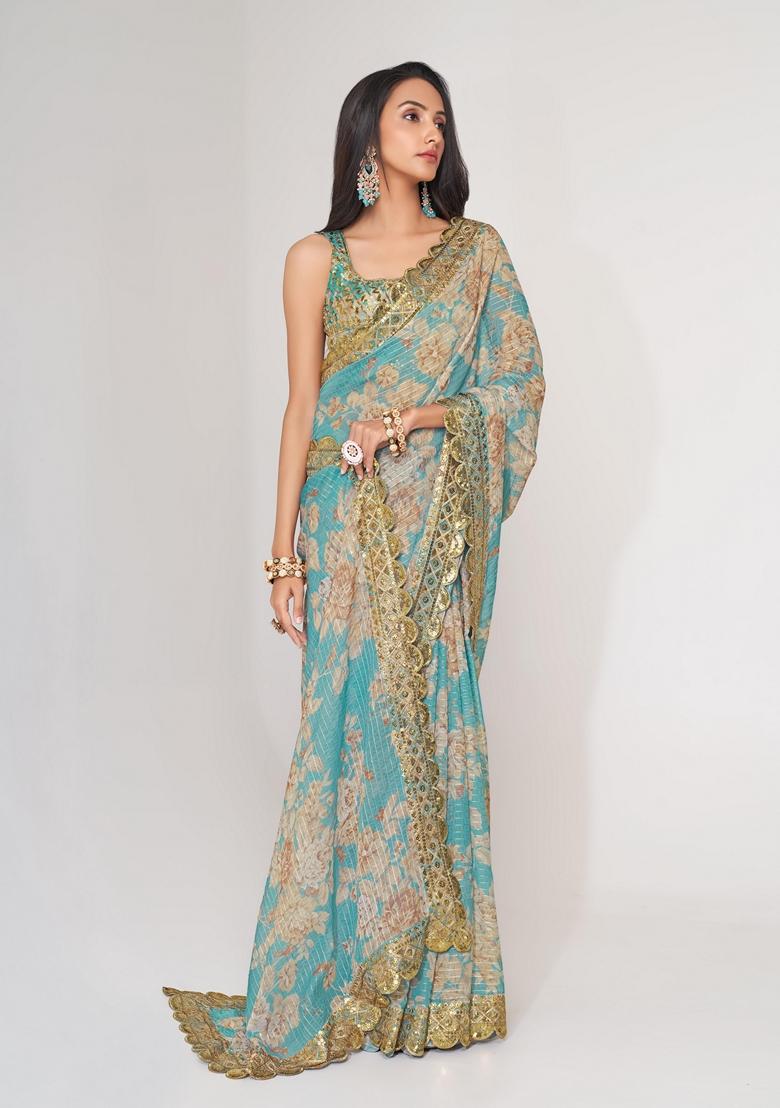 Sky Blue Embroidered Saree Set