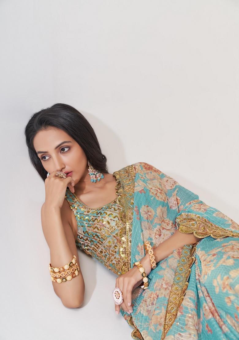 Sky Blue Embroidered Saree Set