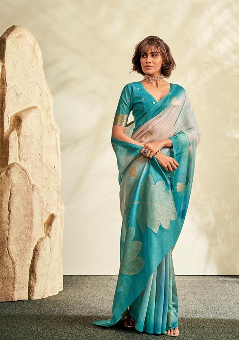 Sky Blue Printed Silk Saree Set