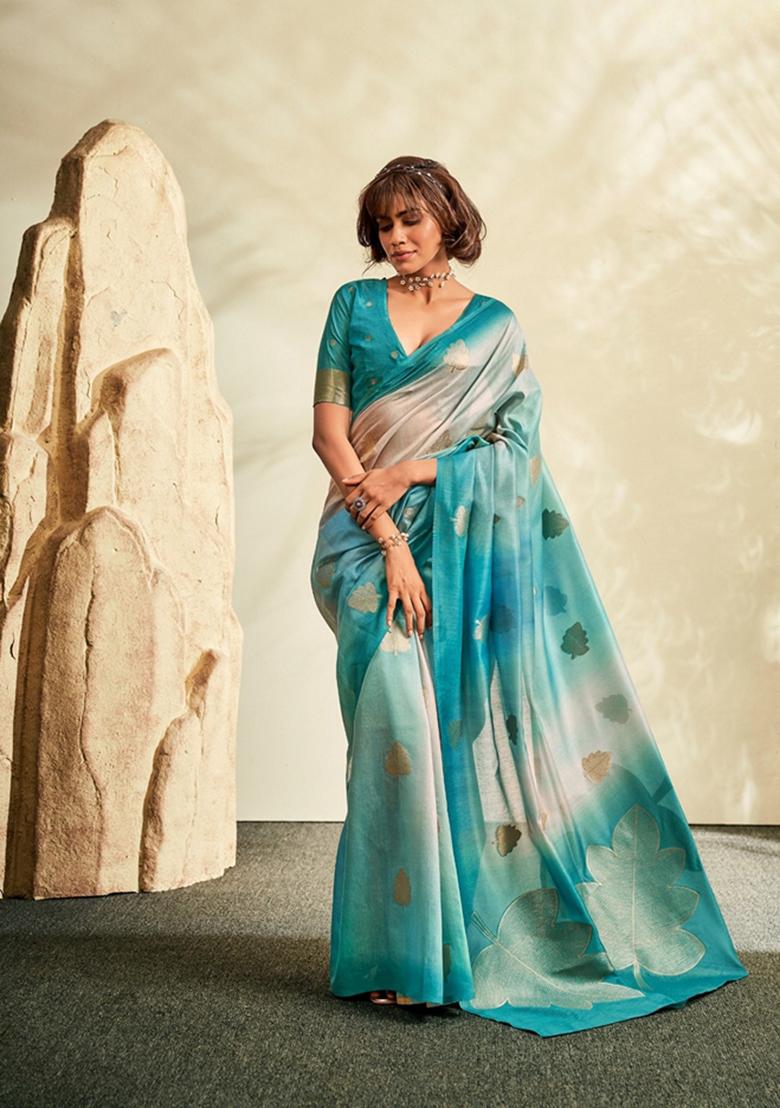 Sky Blue Printed Silk Saree Set