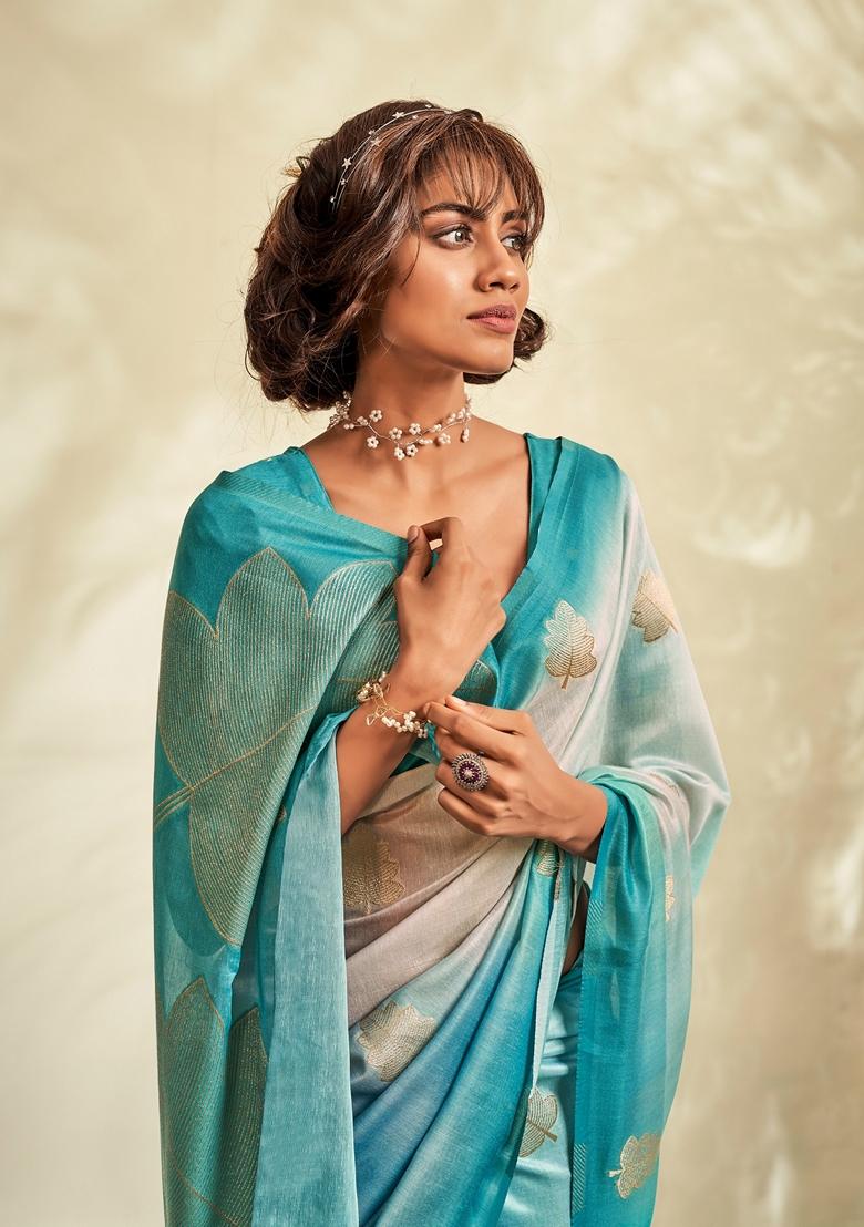 Sky Blue Printed Silk Saree Set