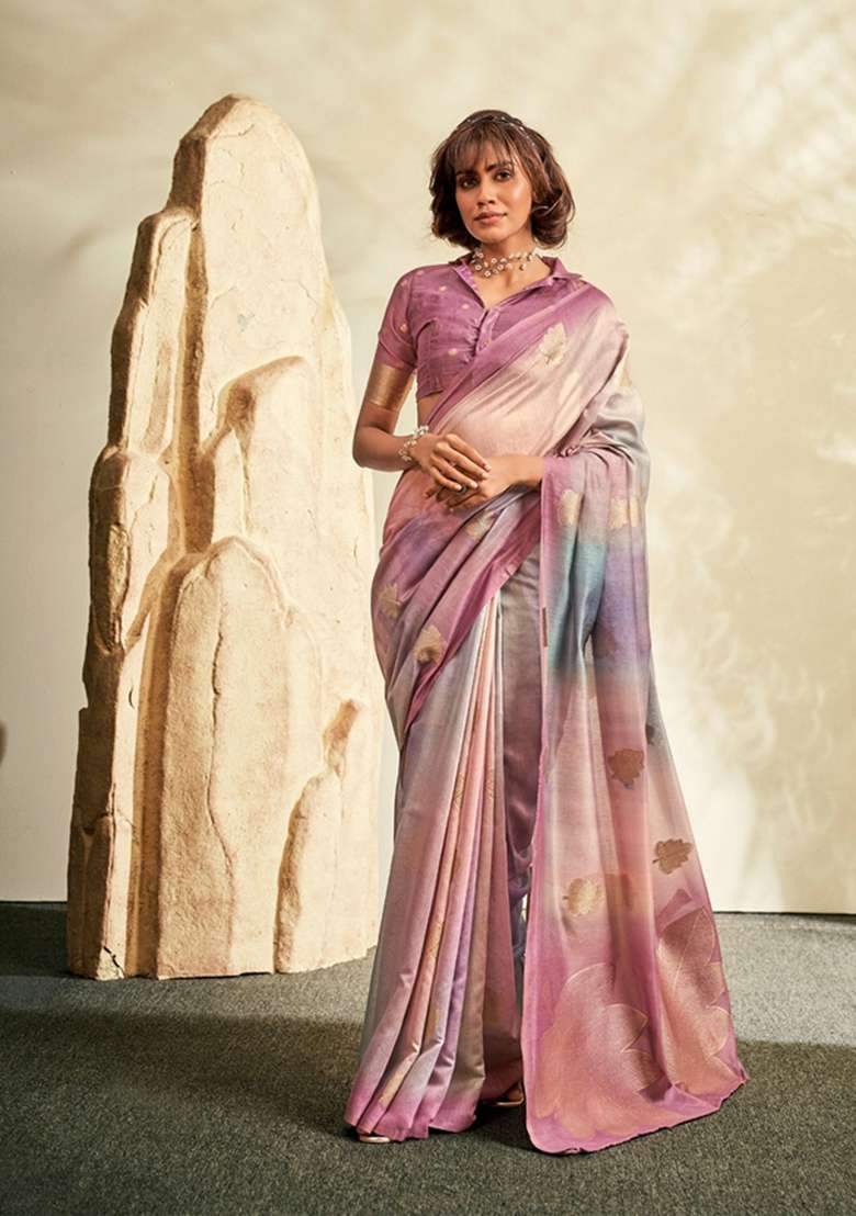 Purple Silk Blend Saree Set with Printed for Diwali | Wedding & Festive Wear - Indya