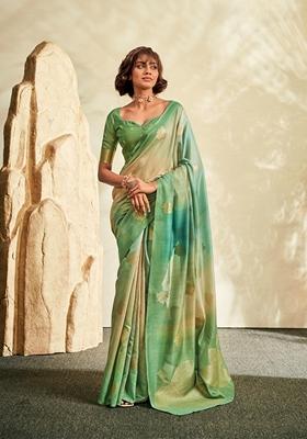 Green Printed Silk Saree Set