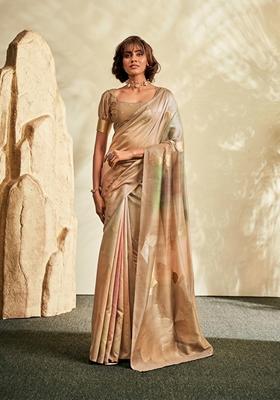 Cream Printed Silk Saree Set