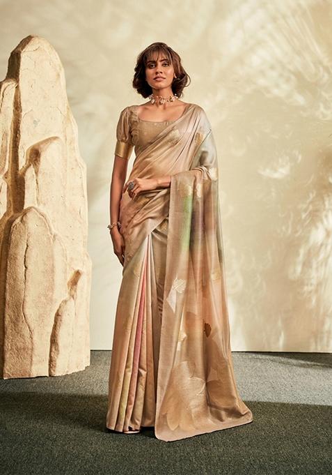 Cream Printed Silk Saree Set