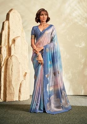 Blue Printed Silk Saree Set