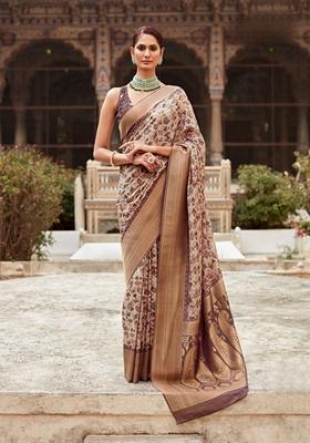 Grey Printed Tissue Saree Set