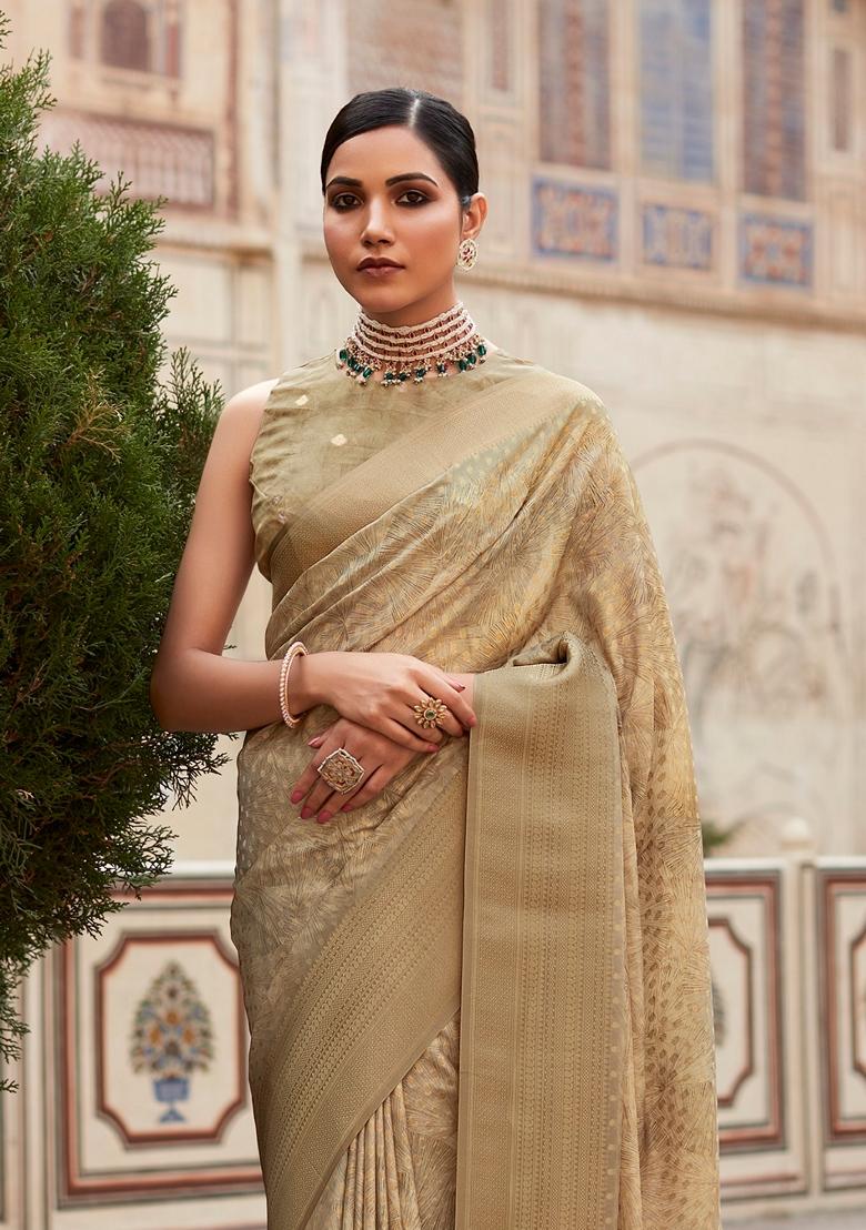 Mehendi Green Printed Tissue Saree Set