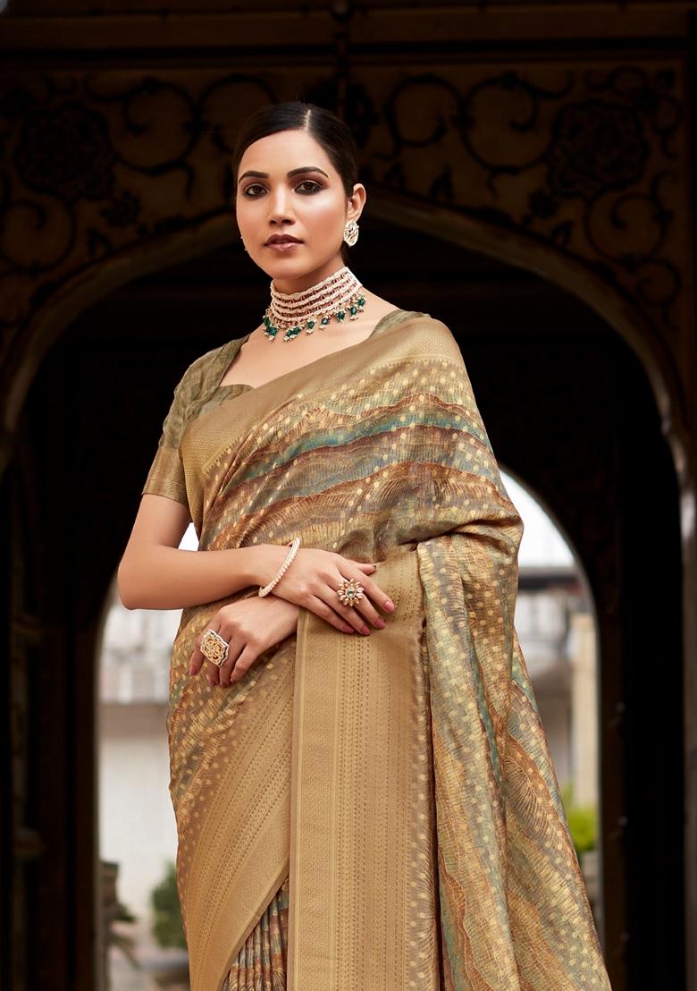 Mehendi Green Printed Tissue Saree Set