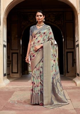 Dark Grey Printed Tissue Saree Set
