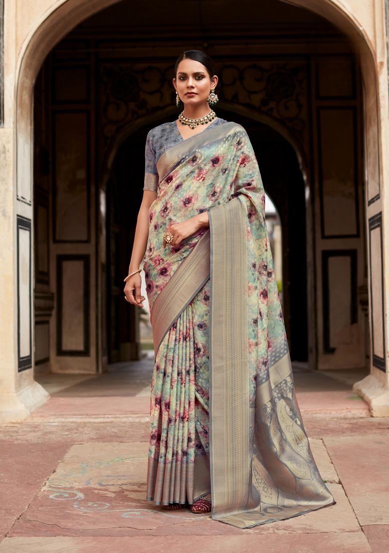 Dark Grey Printed Tissue Saree Set
