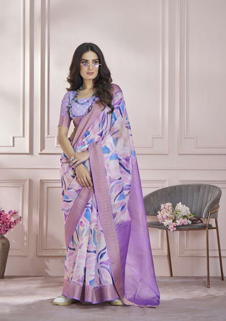 Lavender Abstract Print Silk Blend Saree Set for Diwali and Festive Wear - Indya