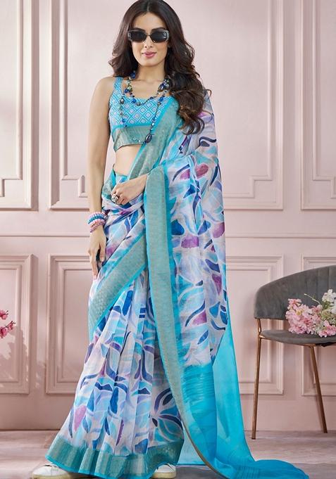 Sky Blue Abstract Print Silk Saree Set