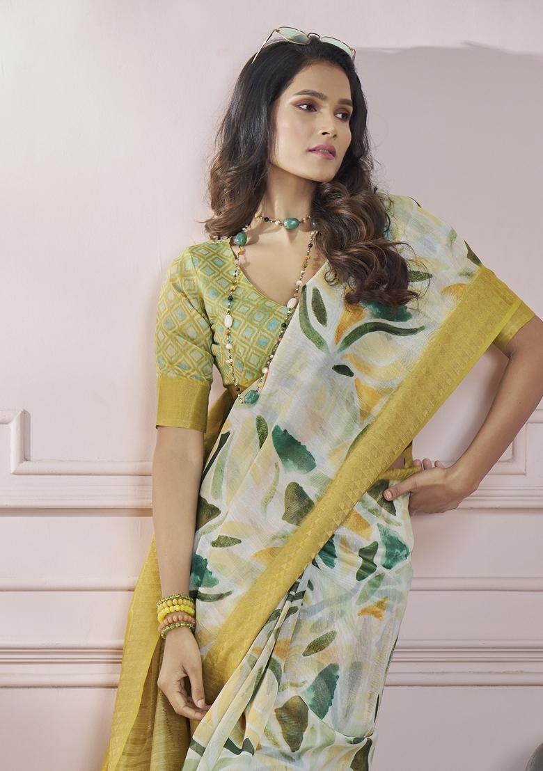 Cream Abstract Print Silk Saree Set