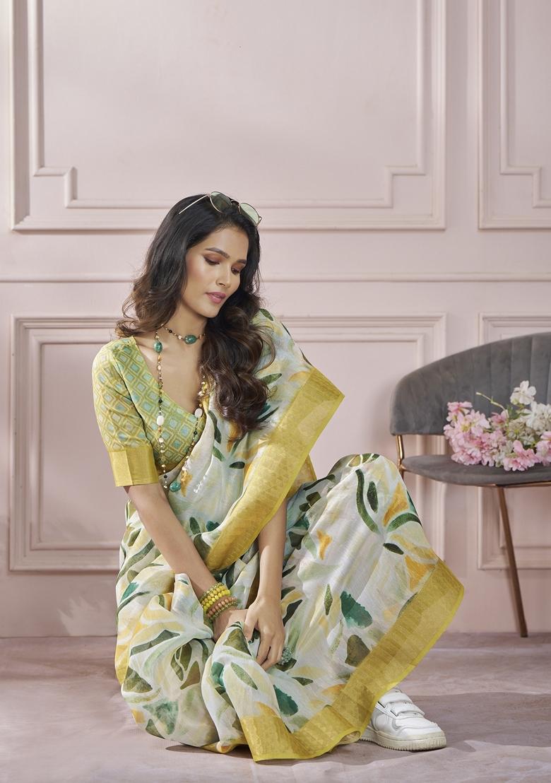 Cream Abstract Print Silk Saree Set