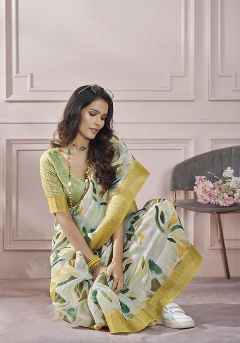 Cream Abstract Print Silk Saree Set