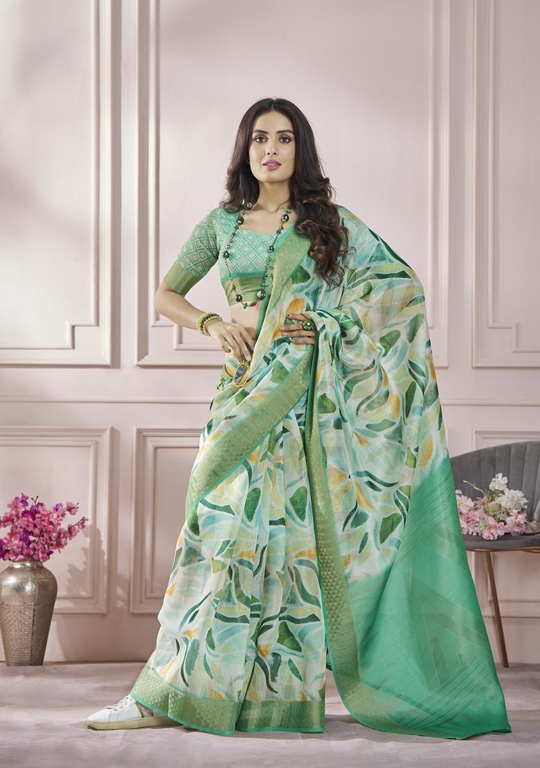 Light Green Abstract Print Silk Saree Set
