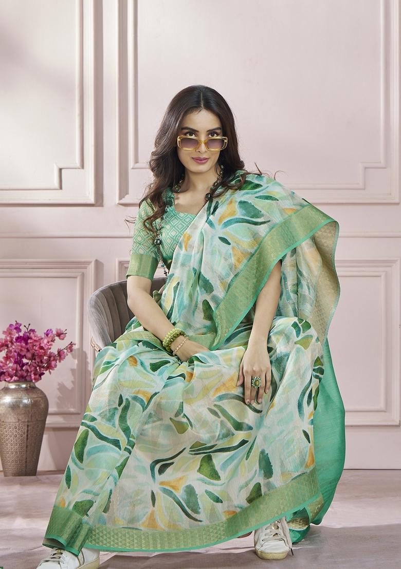 Light Green Abstract Print Silk Saree Set