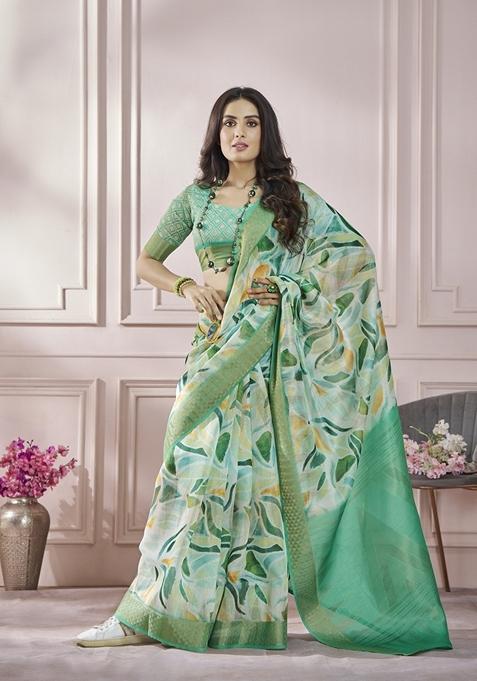 Light Green Abstract Print Silk Saree Set