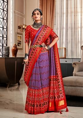 Purple Printed Tussar Silk Saree Set