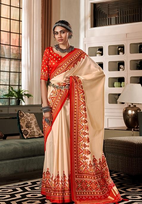 Cream Printed Tussar Silk Saree Set