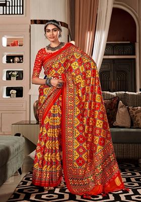 Red Printed Tussar Silk Saree Set