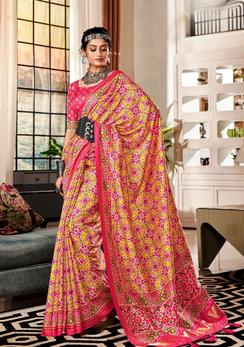 Pink Printed Tussar Silk Saree Set - Indya
