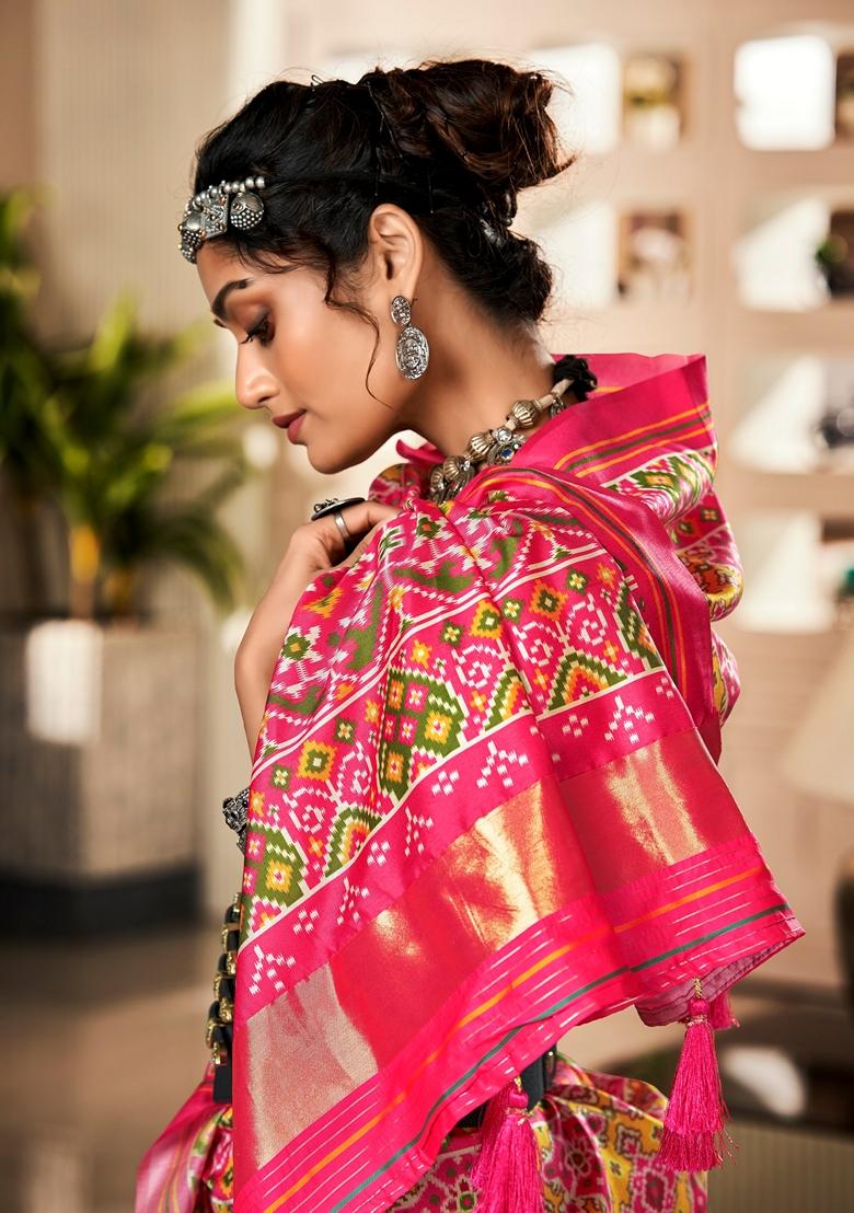 Pink Printed Tussar Silk Saree Set