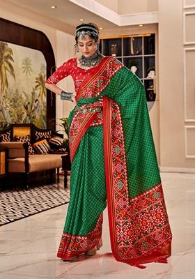 Green Printed Tussar Silk Saree Set