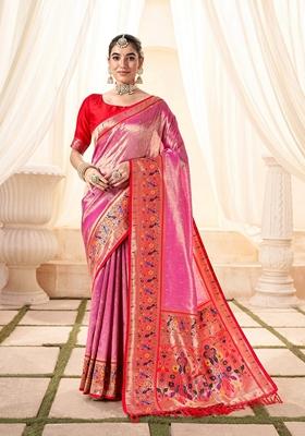 Pink Zari Woven Silk Saree Set
