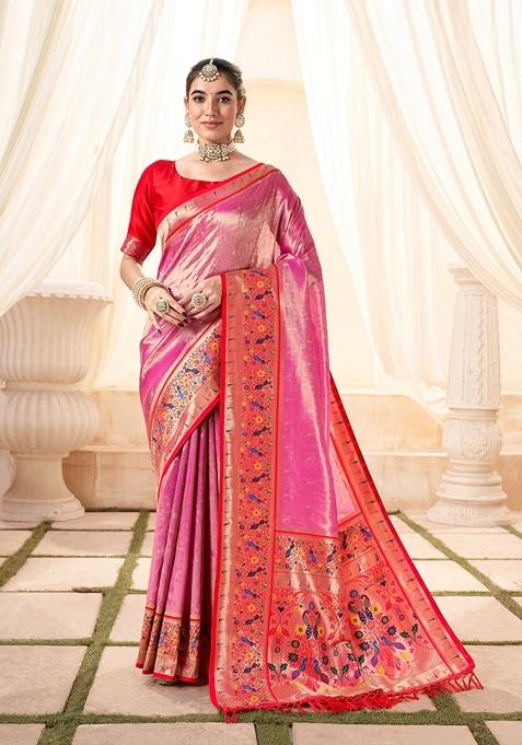 Pink Zari Woven Silk Saree Set