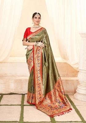 Mehendi Green Zari Woven Silk Saree Set