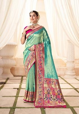 Sea Green Zari Woven Silk Saree Set