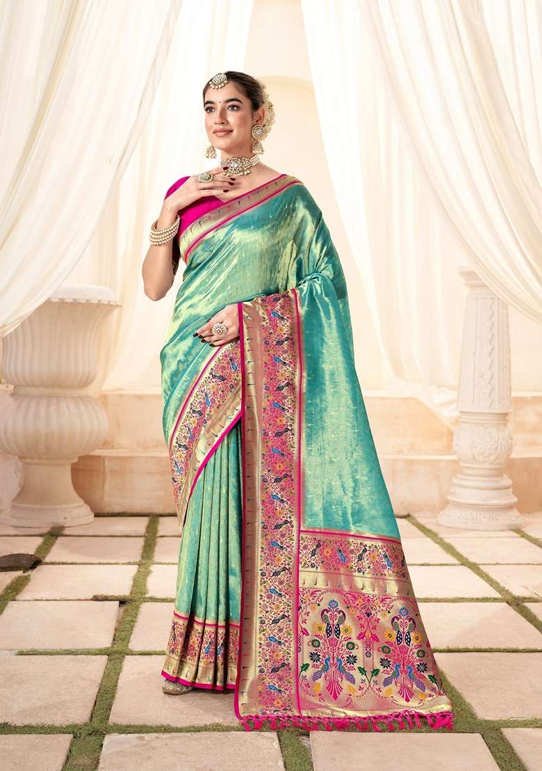 Sea Green Zari Woven Silk Saree Set - Indya