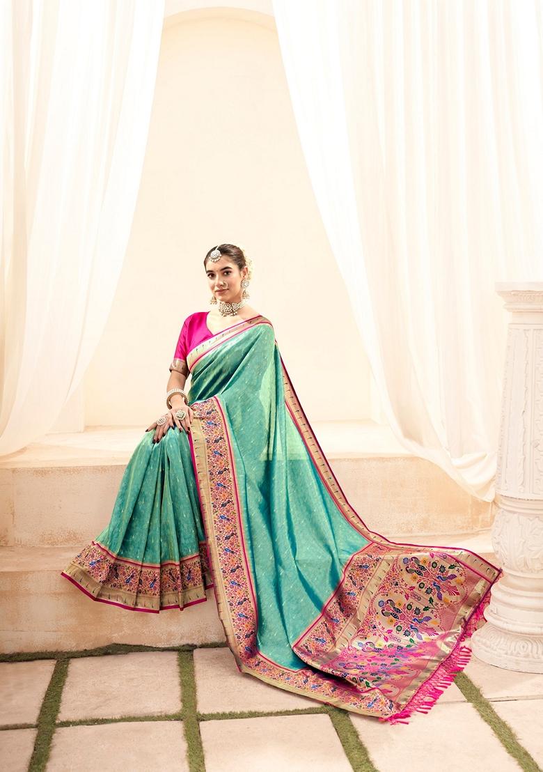 Sea Green Zari Woven Silk Saree Set